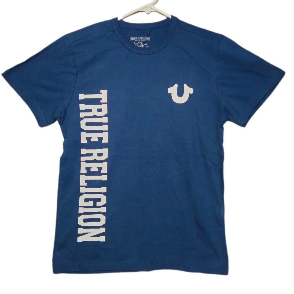 True Religion Graphic T-Shirt Mens Large Blue Logo Short Sleeve Buddha Horseshoe